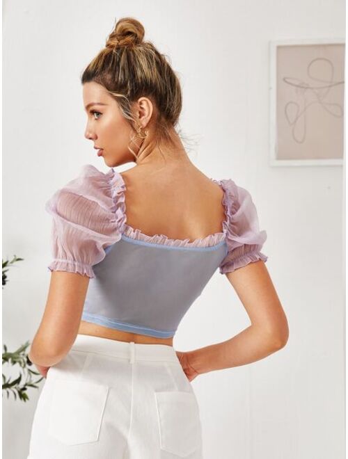 Shein Puff Sleeve Bow Front Ruched Mesh Crop Top