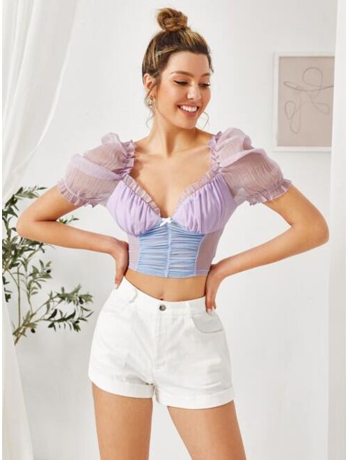 Shein Puff Sleeve Bow Front Ruched Mesh Crop Top