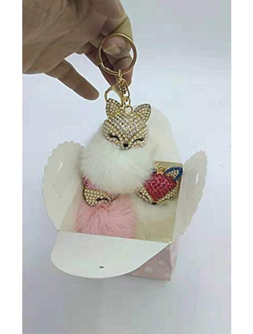 Lyhouse Real Fox Fur Ball with Artificial Fox Head Inlay Pearl Rhinestone Key Chain for Womens Bag or Car Pendant or Cellphone (White Head White Ball)