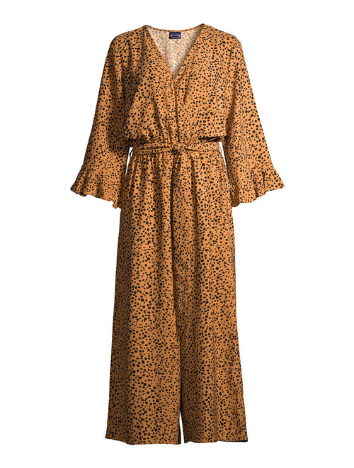 Scoop Women's Tie Front Jumpsuit with Ruffle Long Sleeves