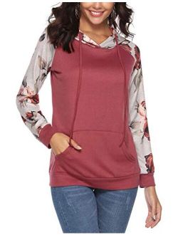 Women Sweatshirt Casual Cowl Neck Floral Print Long Sleeve Drawstring Tunic Tops