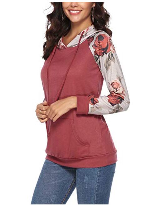 iClosam Women Sweatshirt Casual Cowl Neck Floral Print Long Sleeve Drawstring Tunic Tops