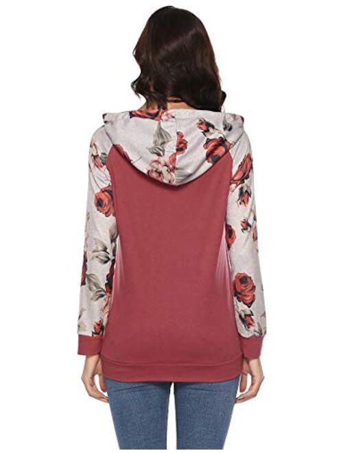 iClosam Women Sweatshirt Casual Cowl Neck Floral Print Long Sleeve Drawstring Tunic Tops