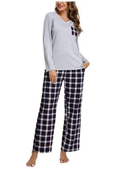 Womens Pajamas Set Plaid Long Sleeve Top & Pants Cotton Pjs Sets Sleepwear