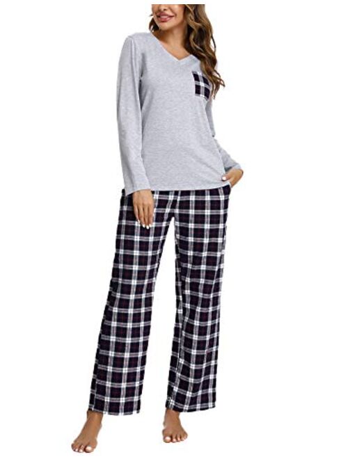 iClosam Womens Pajamas Set Plaid Long Sleeve Top & Pants Cotton Pjs Sets Sleepwear