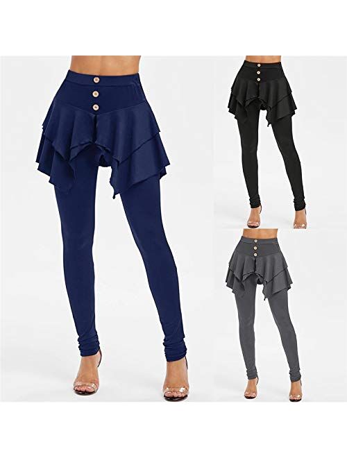 AMSKY Skirted Leggings for Women,Women Solid Color Ruffle Irregular High Waist Long Pants Layered 3-Button Mini Skirt