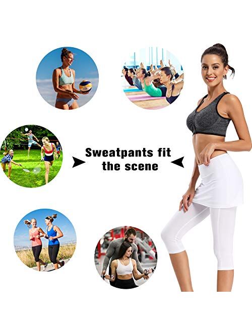 Ibeauti Womens UPF 50+ Skirted Capri Leggings Yoga Pants with Skirt Pockets for Tennis Running Workout Active