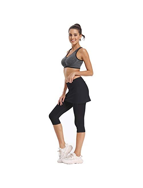 Ibeauti Womens UPF 50+ Skirted Capri Leggings Yoga Pants with Skirt Pockets for Tennis Running Workout Active