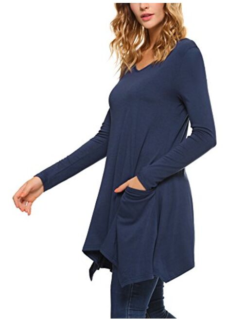 iClosam Women V-Neck Long Sleeve Asymmetric Hem Tunic Tops Blouse with Pockets