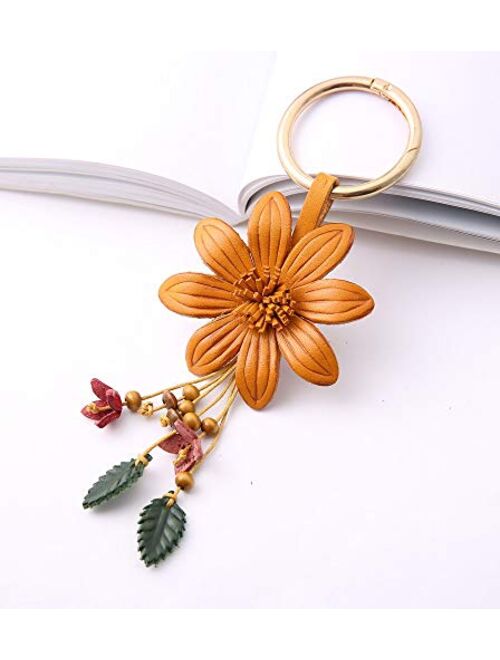 Genuine Leather Flower Tassel Keychain Car Keyring Fob Boho Accessorie for Women