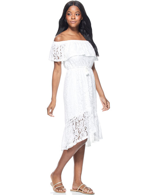 Scoop Womens Off-The-Shoulder High Low Lace Dress