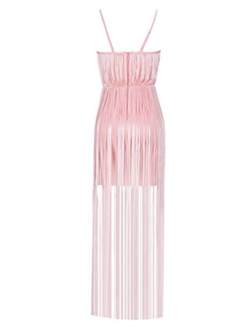 UONBOX Women's Elegnat Bustier Cut Long Maxi Tassel Fringe Cocktail Night Party Bandage Dress