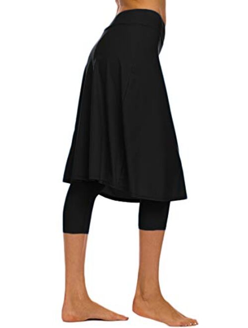 Akaeys Women's Modest Extra Long Swim Skirt with Capris Leggings Active Skirted Swimwear