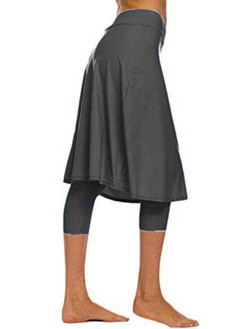 Akaeys Women's Modest Extra Long Swim Skirt with Capris Leggings Active Skirted Swimwear