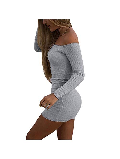 Susupeng Women's Off The Shoulder Ruched Long Sleeve Ribbed Bodycon Buttons Sexy Mini Dress