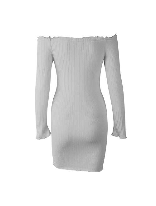 Susupeng Women's Off The Shoulder Ruched Long Sleeve Ribbed Bodycon Buttons Sexy Mini Dress