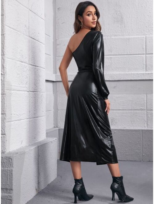 Shein One Shoulder Split Thigh PU Leather Dress
