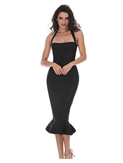Whoinshop Womens Halter Sleeveless Mermaid Bodycon Bandage Cocktail Midi Dress
