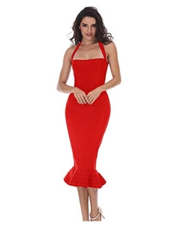 Whoinshop Womens Halter Sleeveless Mermaid Bodycon Bandage Cocktail Midi Dress