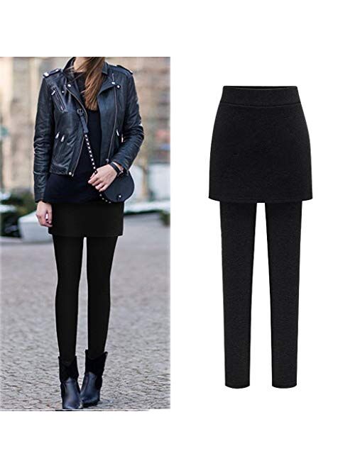 Womens Skirted Leggings 2-in-1 Winter Warm Fleece Lined Legging Skirt Sets, Plus Size Sport Casual Outfits