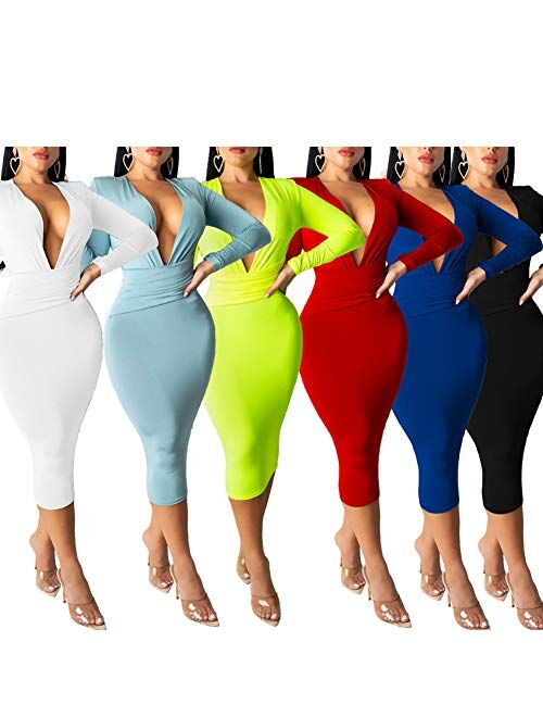 Women's Sexy Dresses Deep V Neck Long Sleeve Night Bodycon Midi Dress Party Clubwear