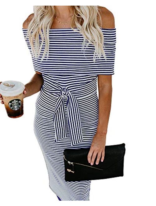 Nulibenna Womens Casual Off Shoulder Bodycon Dress Summer Striped Maxi Bridesmaid Cocktail Slim T-Shirt Sundresses