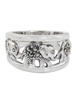 NOVICA Marcasite .925 Sterling Silver Band Ring, Thai Elephant Journey'