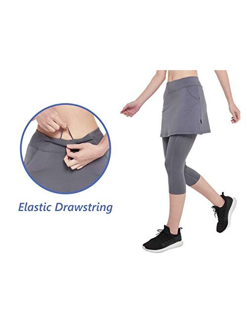 HonourSex Women Skirted Leggings with Pockets Tennis Skirt with Leggings Yoga Pants Running Grey L