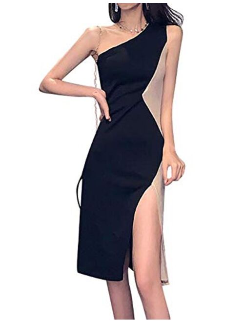 Women's One Shoulder Bodycon Midi Dress Sexy High Slit Bi Color Asymmetrical Stretchy Tight Dress