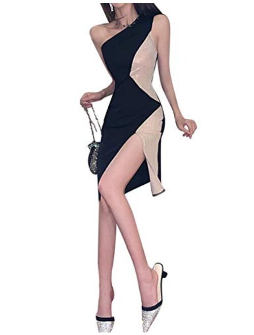 Women's One Shoulder Bodycon Midi Dress Sexy High Slit Bi Color Asymmetrical Stretchy Tight Dress