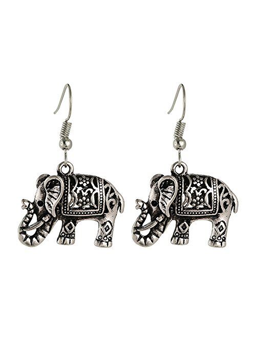 UHANGEHT Ancient Silver Boho Retro Animals Carve Elephants Drop Dangle Earrings