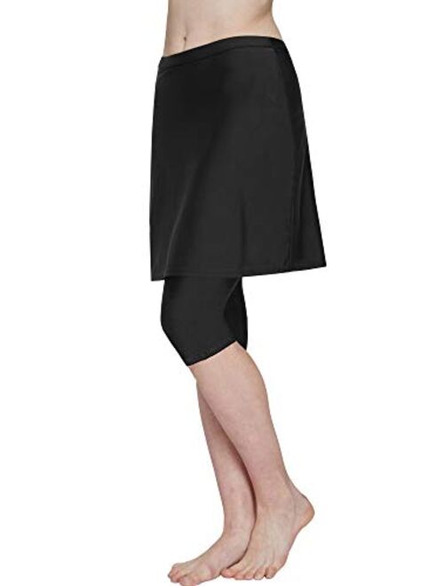 HonourSex Women Swim Skirt with Leggings Modest Swimsuits Plus Size Knee Length Skirt Capris 