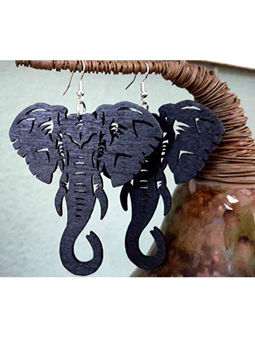 Pashal Large Natural Wooden Majestic African Bohemian Elephant Drop Dangle Earrings