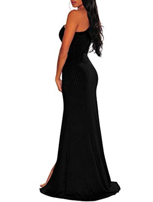 Yumobuti Women's Sexy High Split One Shoulder Bodycon Party Evening Gowns Maxi Long Dress Ribbed Solid Sundress