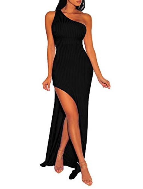 Yumobuti Women's Sexy High Split One Shoulder Bodycon Party Evening Gowns Maxi Long Dress Ribbed Solid Sundress