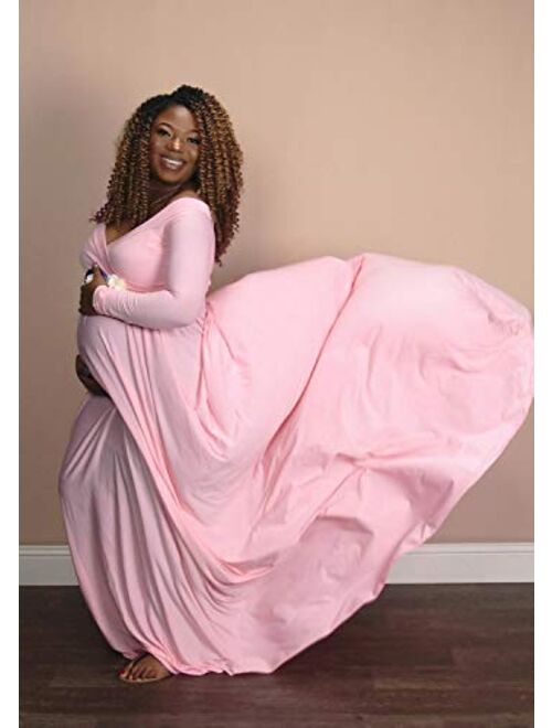 Saslax Velvet Maternity Off Shoulders Half Circle Gown for Baby Shower Photo Props Dress