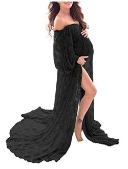 Soft Stretchy Lace Off Shoulder Doubly Split A-line Skirt Maternity Dress Pregnancy Maxi Gown for Photoshoot