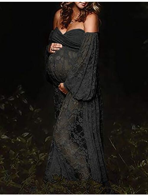 Saslax Soft Stretchy Lace Off Shoulder Doubly Split A-line Skirt Maternity Dress Pregnancy Maxi Gown for Photoshoot