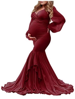 Long Chiffon Sleeve Tired Mermaid Maternity Dress for Photoshoot Photography Baby Shower