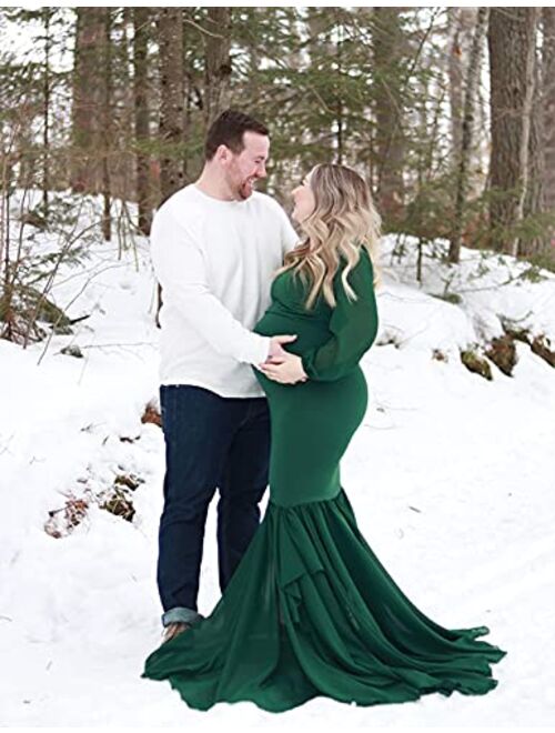 Saslax Long Chiffon Sleeve Tired Mermaid Maternity Dress for Photoshoot Photography Baby Shower