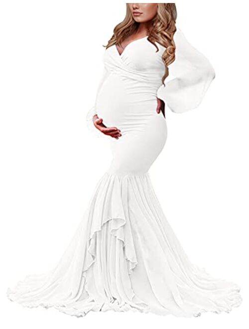 Saslax Long Chiffon Sleeve Tired Mermaid Maternity Dress for Photoshoot Photography Baby Shower