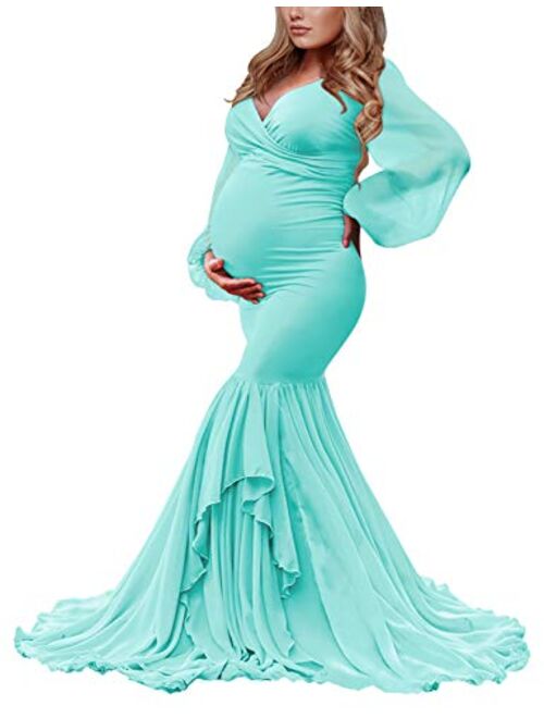 Saslax Off Shoulder Chiffon Sleeves Tired Mermaid Maxi Maternity Dress for Baby Shower Photography