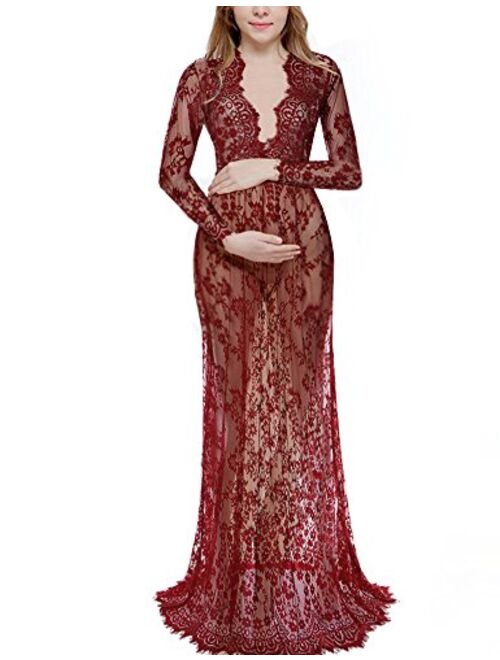 Saslax Women's Off Shoulder Ruffle Sleeve Lace Maternity Gown Maxi Photography Dress