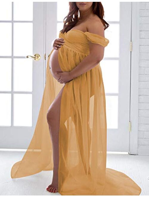 Saslax Maternity Dress for Photoshoot Off Shoulder Chiffon and Lace Split Front Gown Maxi Pregnancy Dresses