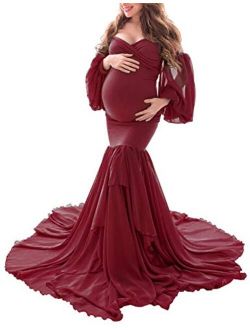 Maternity Dress for Photoshoot Off Shoulder Chiffon Long Sleeves and Tiered Mermaid Skirt Pregnancy Maxi Gown