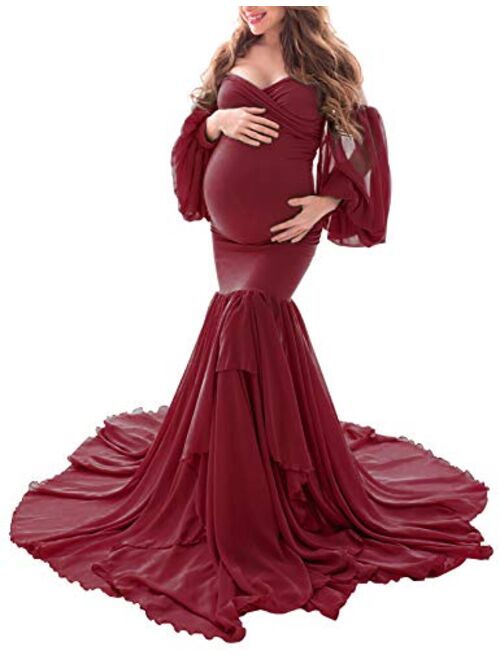 Saslax Maternity Dress for Photoshoot Off Shoulder Chiffon Long Sleeves and Tiered Mermaid Skirt Pregnancy Maxi Gown
