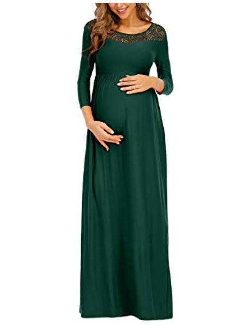 Peauty Floral Lace Neckline Maternity Dress 3/4 Sleeve Maxi Dress for Baby Shower Maternity Photoshoot Casual