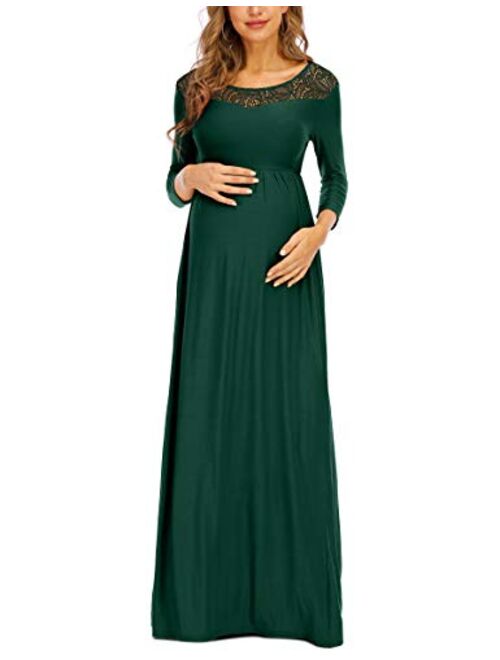 Peauty Floral Lace Neckline Maternity Dress 3/4 Sleeve Maxi Dress for Baby Shower Maternity Photoshoot Casual