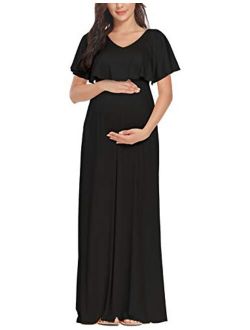 2 Style V-Neck or Off Shoulder Ruffle Maternity Maxi Dress with Pockects for Photoshoot or Baby Shower