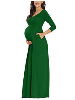 Ruched Center-Bust-Line Maternity Dress, Two Side Pockets Maxi Dress for Maternity Photoshoot Baby Shower